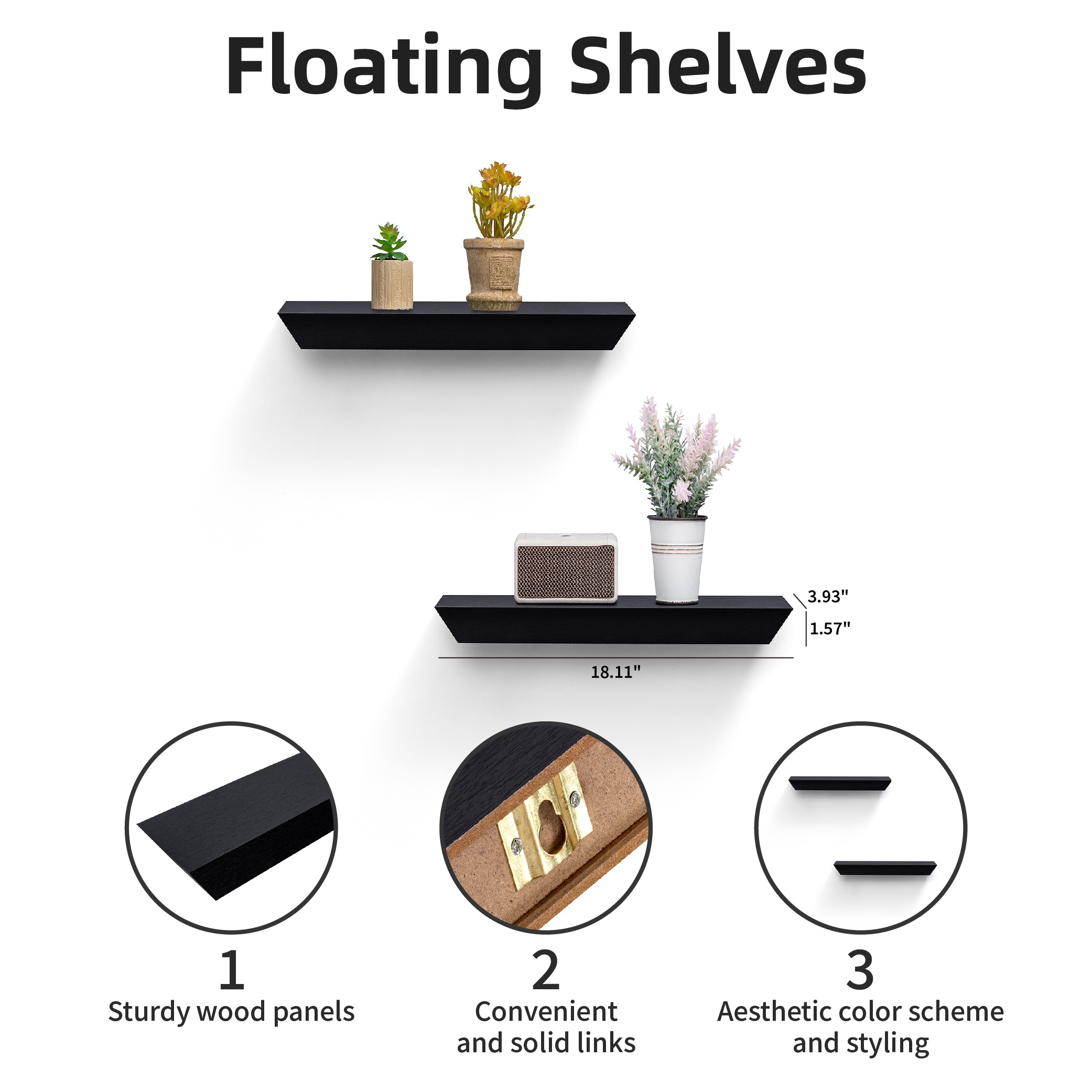 Floating Shelves 18.11" Wall Mounted Wood Shelves For Bathroom, Bedroom, Living Room, Kitchen, Hanging Shelf For Books/Storage/Decor With Invisible Brackets, Black_voghion.com